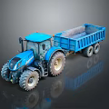 Blue Tractor With Attached Dump Trailer And Large Wheels On Reflective Surface 3d model
