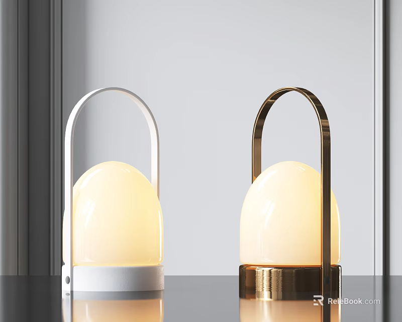 Modern White and Gold Table Lamps with Round Glowing Shades on Sleek Surface 3d model 