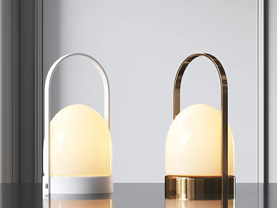Modern White and Gold Table Lamps with Round Glowing Shades on Sleek Surface 3d model