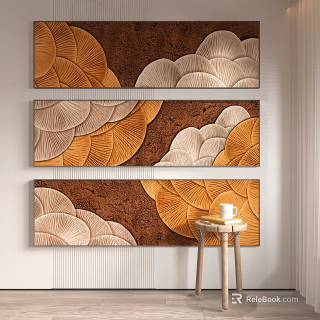 Three Panel Decorative Wall Art With Orange Beige Leaf Design On Brown Background 3d model