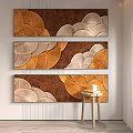 Three Panel Decorative Wall Art With Orange Beige Leaf Design On Brown Background 3d model