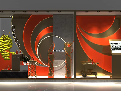Modern Shop Window Featuring Orange Red Gray Curved Patterns Yellow Grapes And Wine Bottles 3d model