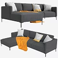 Modern Gray Sectional Sofa with White Patterned Pillows and Orange Throw on Black Metal Legs 3d model