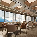 Modern Restaurant Interior With Wooden Ceiling Beams Large Windows Natural Light Dining Tables And Chairs