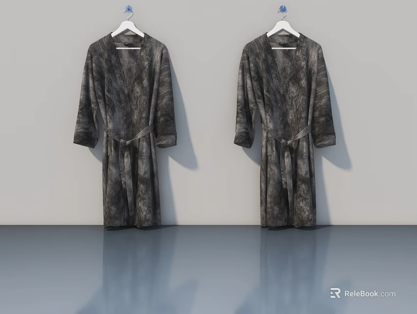 Two Long Sleeved Patterned Robes Hanging On White Hangers With Belt 3d model 