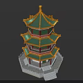 Traditional Ancient Chinese Tower With Yellow Roof Green Windows Red Pillars And White Base