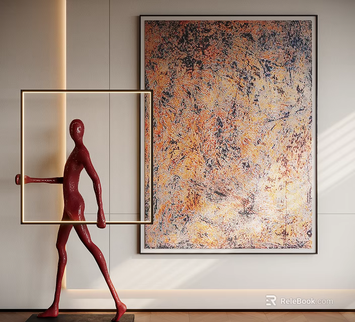Abstract Painting with Colorful Textures and Red Sculpture in Modern Interior 3d model 