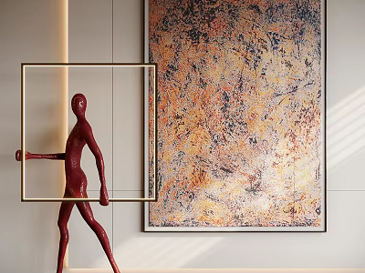 Abstract Painting with Colorful Textures and Red Sculpture in Modern Interior 3d model