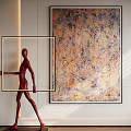 Abstract Painting with Colorful Textures and Red Sculpture in Modern Interior