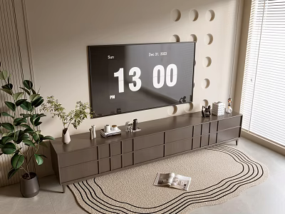 Modern TV Stand With TV Circular Wall Decor Indoor Plant And Patterned Rug 3d model