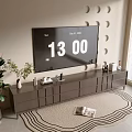 Modern TV Stand With TV Circular Wall Decor Indoor Plant And Patterned Rug