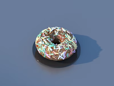 Delicious Chocolate Frosted Donut With Colorful Sprinkles On Black Plate 3d model