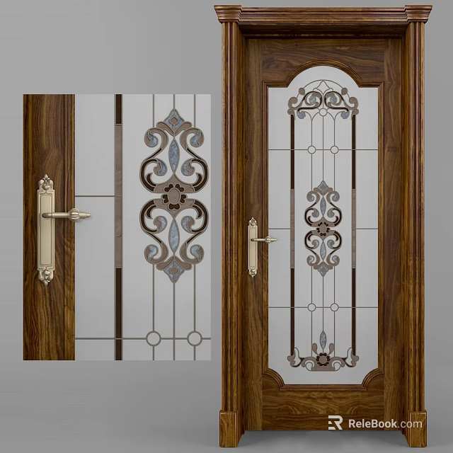 Classic Wooden Frame Swing Door Featuring Glass Panels With Intricate Decorative Patterns And Metal Handles 3d model 