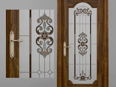 Classic Wooden Frame Swing Door Featuring Glass Panels With Intricate Decorative Patterns And Metal Handles 3d model