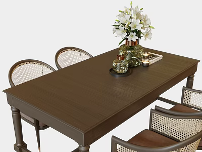 Brown Wooden Dining Table Set With Wicker Back Chairs Brown Cushions White Flowers And Candles 3d model