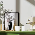 Modern Kitchen Appliance Beige Coffee Machine On Green Shelf With White Mugs And Plant Shadow