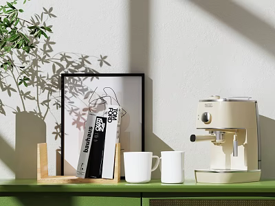Modern Kitchen Appliance Beige Coffee Machine On Green Shelf With White Mugs And Plant Shadow 3d model
