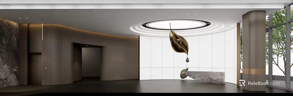 Modern Front Desk Reception Area With Circular Ceiling Light And Metal Decorative Sculpture 3d model 