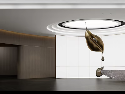 Modern Front Desk Reception Area With Circular Ceiling Light And Metal Decorative Sculpture 3d model