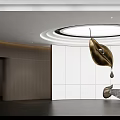 Modern Front Desk Reception Area With Circular Ceiling Light And Metal Decorative Sculpture