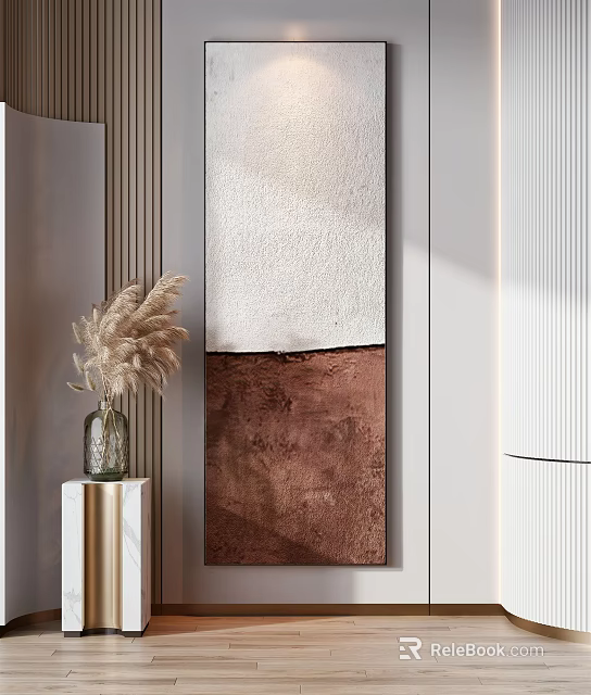 Abstract Beige Brown Painting With Glass Vase Pampas Grass On Golden Stand Modern Interior 3d model 
