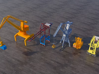 Heavy Duty Industrial Equipment Featuring Yellow Blue Gray Cranes And Machinery 3d model