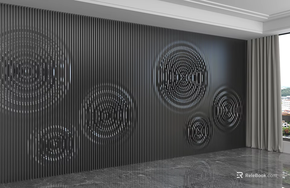 Modern Black Background Wall With Vertical Slats And Circular Patterns In Interior Design 3d model 