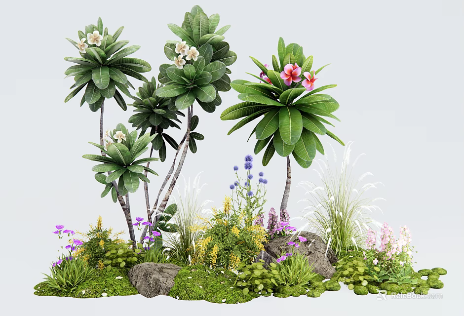 Lush Plant Combination With Tropical Leaves Colorful Flowers Stones And Grass 3d model 