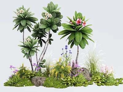 Lush Plant Combination With Tropical Leaves Colorful Flowers Stones And Grass 3d model