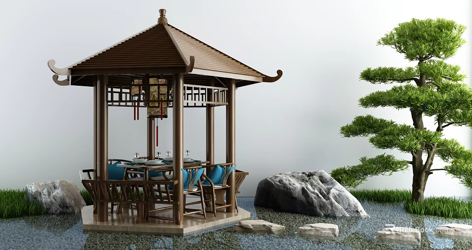 Traditional Garden Pavilion With Wooden Tiered Roof Blue Cushioned Chairs Rock Water And Pine Tree 3d model 