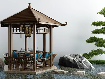 Traditional Garden Pavilion With Wooden Tiered Roof Blue Cushioned Chairs Rock Water And Pine Tree 3d model