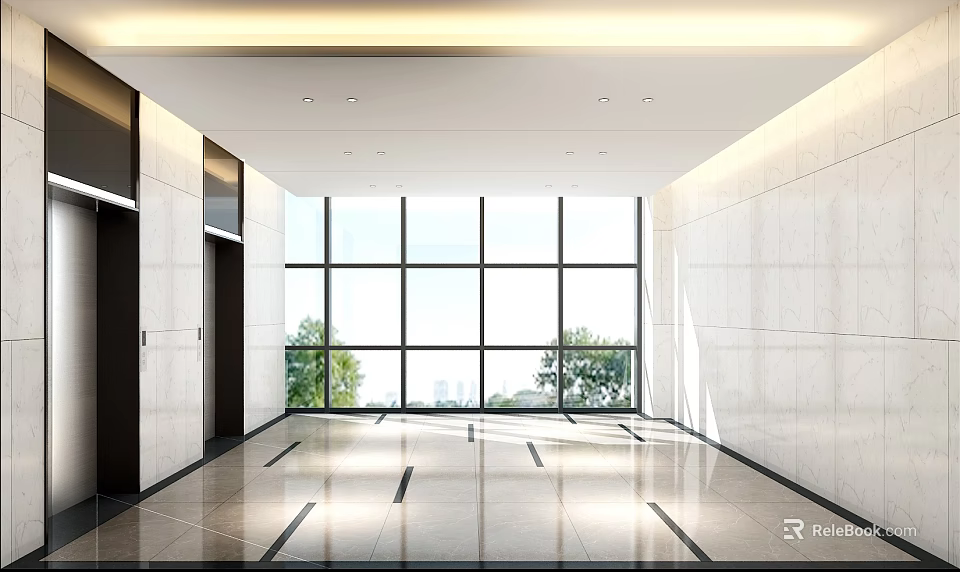 Bright Elevator Lobby With Large Windows And Marble Wall Panels 3d model