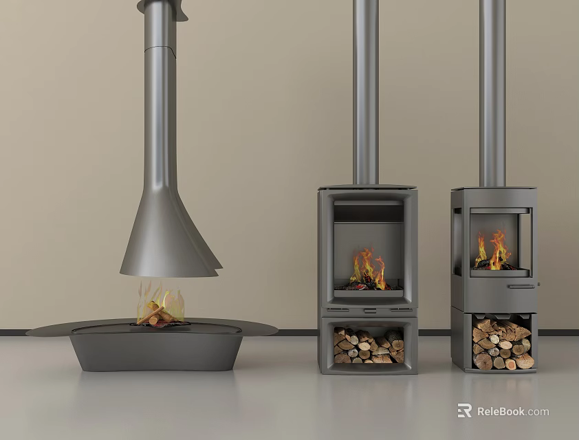 Modern Fireplace Designs With Different Styles Flames And Wood Storage 3d model 