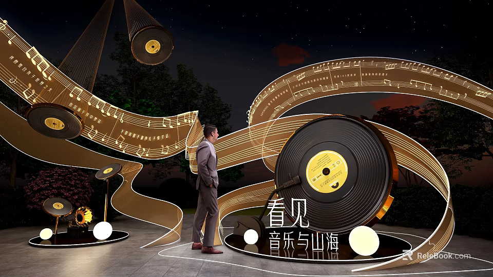 Person In Suit Standing Near Illuminated Musical Notes Vinyl Record And Mountain Sea 3d model 