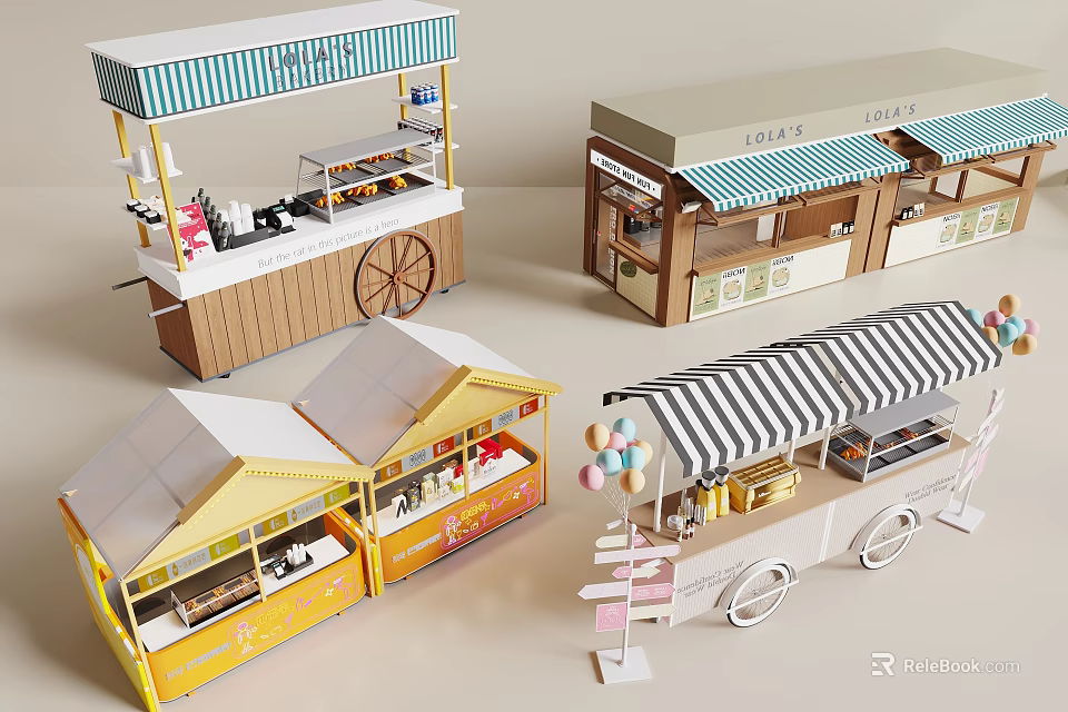 Commercial Outdoor Business Stalls With Colorful Awnings And Mobile Wheel Carts 3d model 