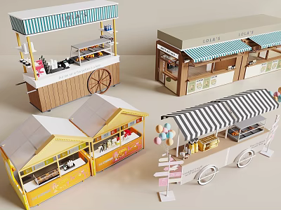 Commercial Outdoor Business Stalls With Colorful Awnings And Mobile Wheel Carts 3d model