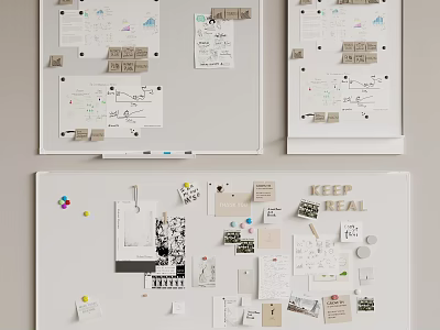 Creative Whiteboard with Sticky Notes Sketches and Project Planning Materials 3d model