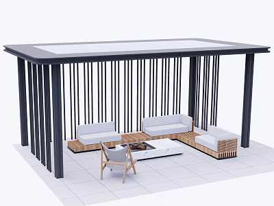 Modern Pergola With Black Slatted Columns Transparent Roof And Outdoor Sofa Set 3d model
