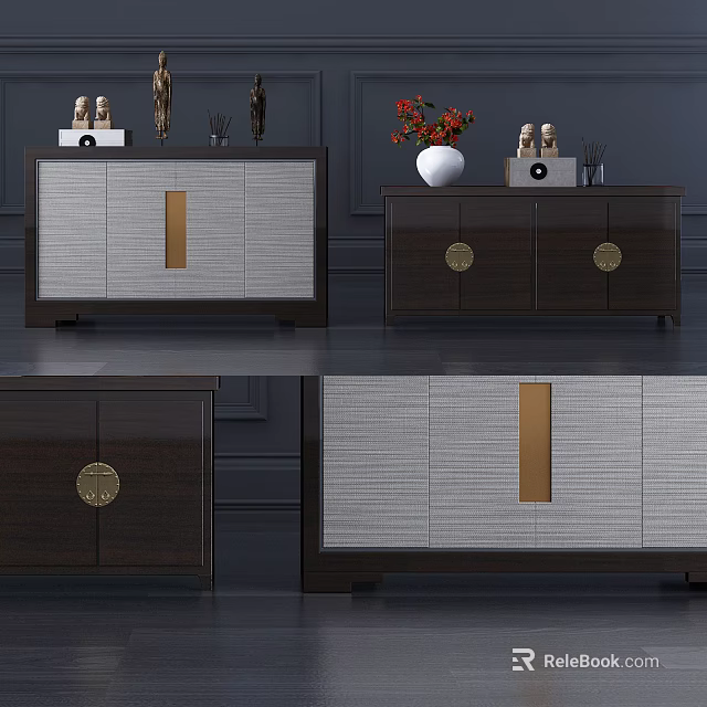 Dark Wooden Entryway Cabinet and Sideboard with Gray Fabric Panels and Golden Accents Modern Design 3d model 