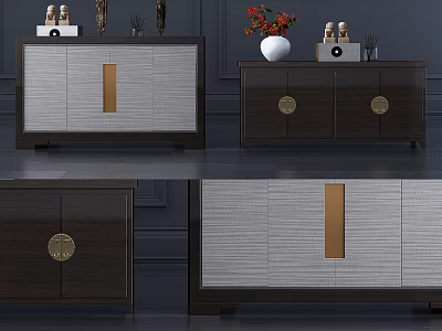 Dark Wooden Entryway Cabinet and Sideboard with Gray Fabric Panels and Golden Accents Modern Design 3d model