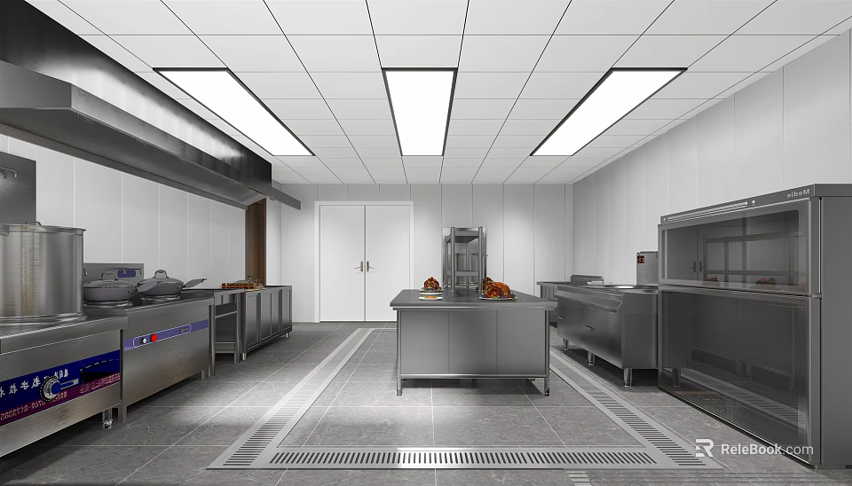 Professional Commercial Kitchen With Stainless Steel Equipment Worktables And Ceiling Lights 3d model 
