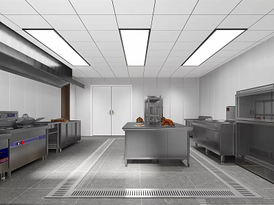 Professional Commercial Kitchen With Stainless Steel Equipment Worktables And Ceiling Lights 3d model