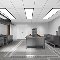 Professional Commercial Kitchen With Stainless Steel Equipment Worktables And Ceiling Lights