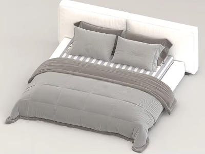 Double Bed Design With White Headboard Gray Comforter Striped Bed Sheet And Pillows 3d model
