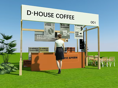D HOUSE COFFEE Booth With Orange Counter Menu Posters Grass Area Chairs And Plants 3d model