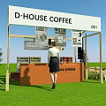D HOUSE COFFEE Booth With Orange Counter Menu Posters Grass Area Chairs And Plants