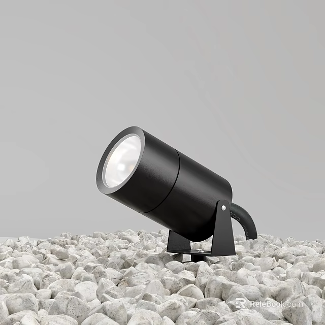 Black Modern Outdoor Spotlight Placed on Gravel Ground with Stable Stand Design 3d model 