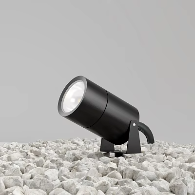 Black Modern Outdoor Spotlight Placed on Gravel Ground with Stable Stand Design 3d model