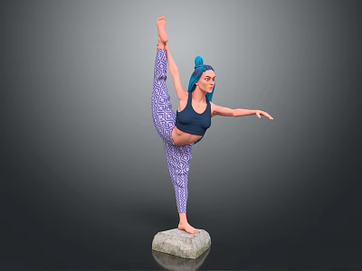 Woman With Blue Hair Practicing Single Leg Yoga Pose On Stone Platform 3d model