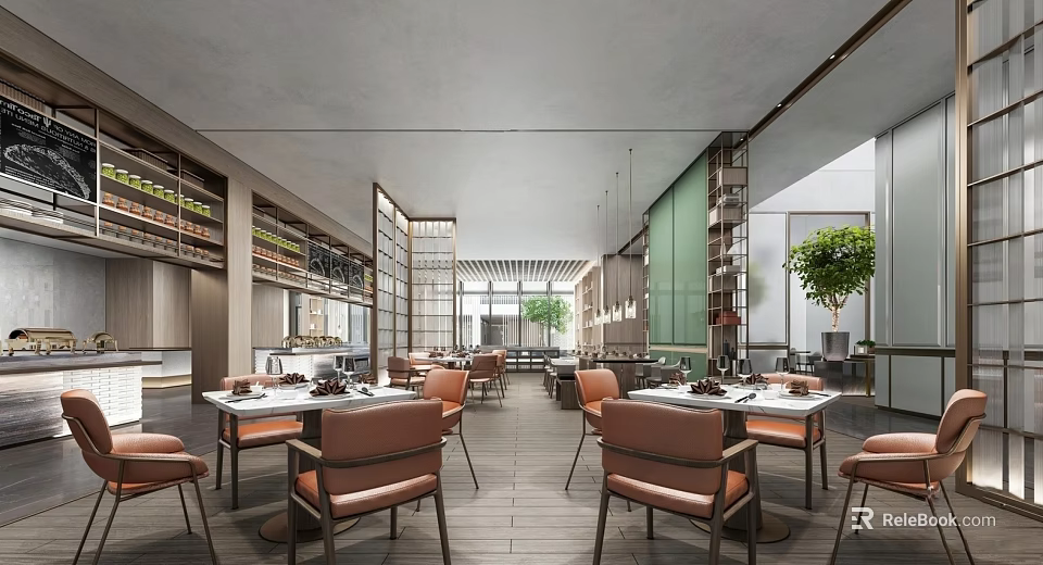 Modern Restaurant Interior Design With Brown Chairs Dining Tables Bookshelves And Green Plants 3d model 